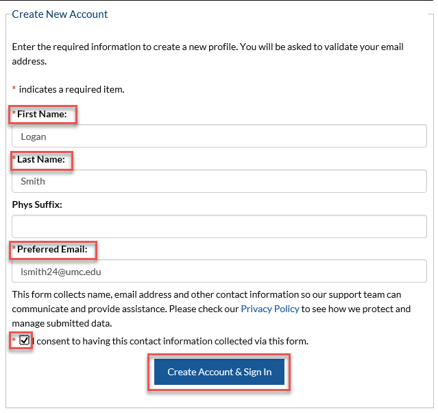 Screen shot of Create New Account screen with First Name, Last Name, Preferred email, consent for information collection check box and create account and sign in button highlighted